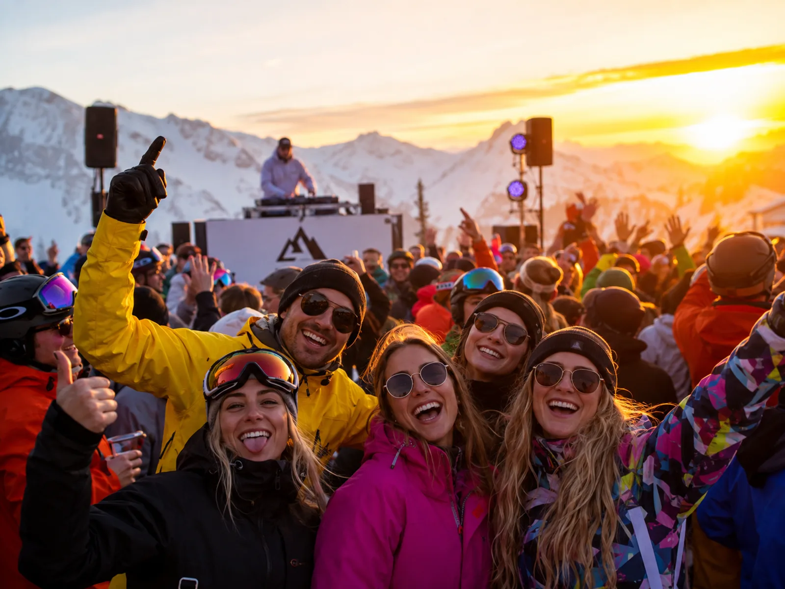 Gruppe feiert Après-Ski in den Bergen beim JGA
