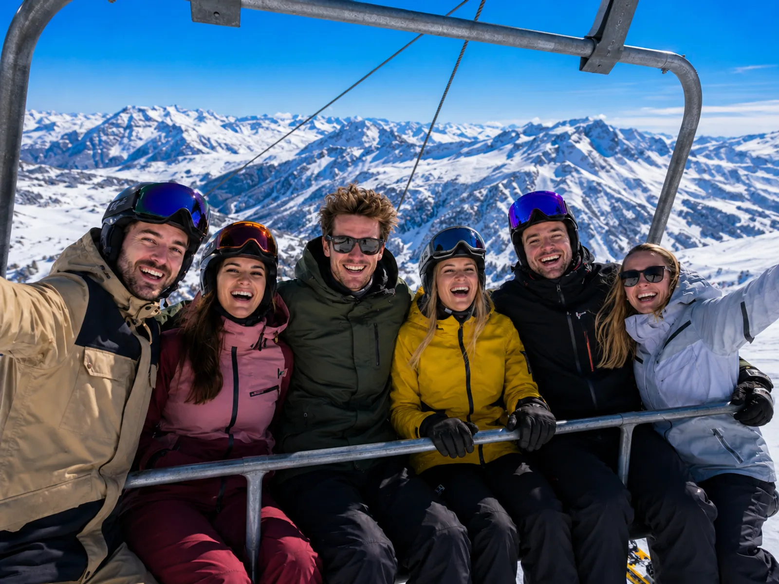 Gruppe am Sessellift vor Panorama der verschneiten Alpen