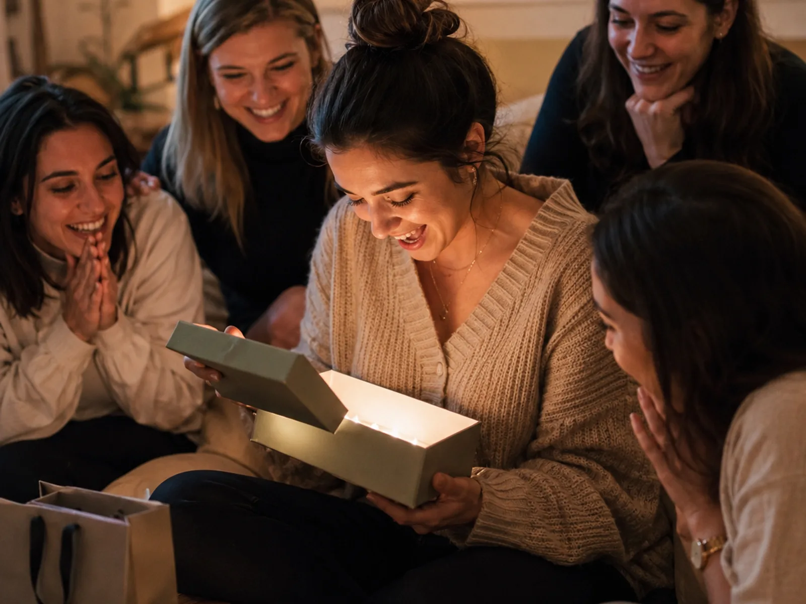 Junge Frau öffnet gerührt eine Geschenkbox mit Freundinnen um sie herum
