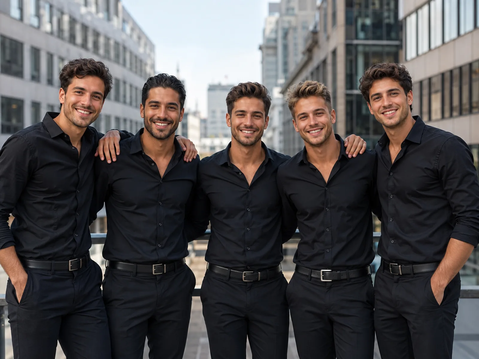 Gruppe von Männern in lässigen, einheitlichen Shirts beim JGA