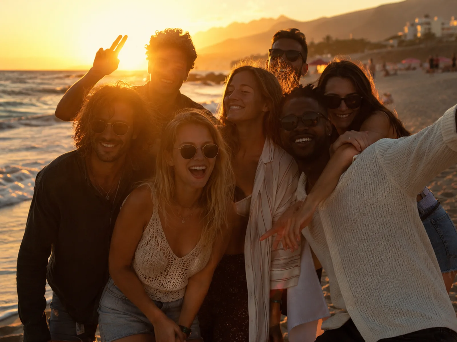Gruppe posiert am Strand bei Sonnenuntergang