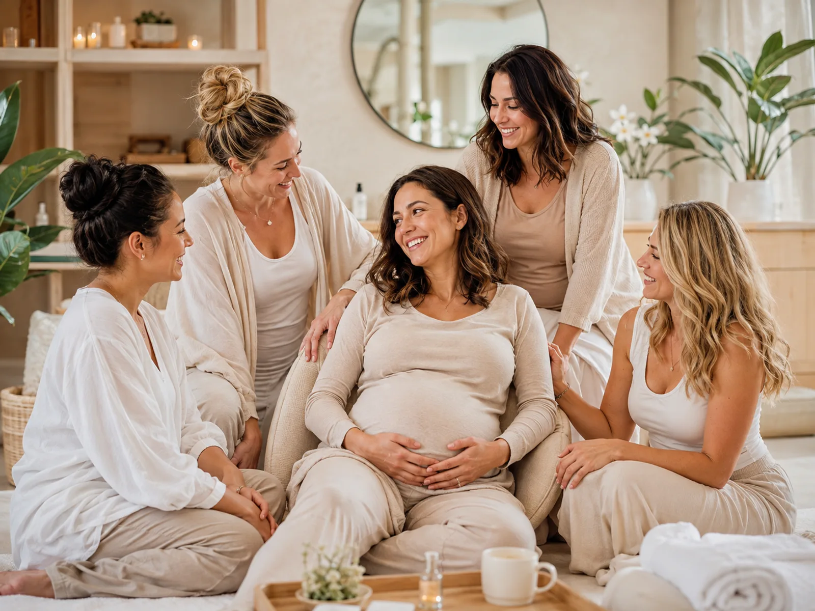 Gruppe von Freundinnen umarmt lachend die schwangere Braut in gemütlicher Runde